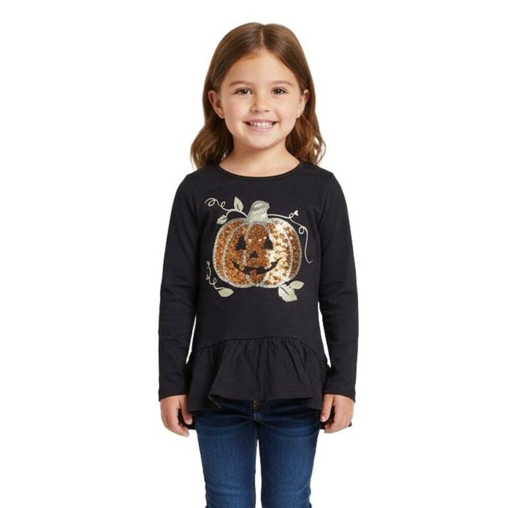 Spooky Night Black Sequined Pumpkin Ruffle Hem Halloween Girls Top Size XS 4